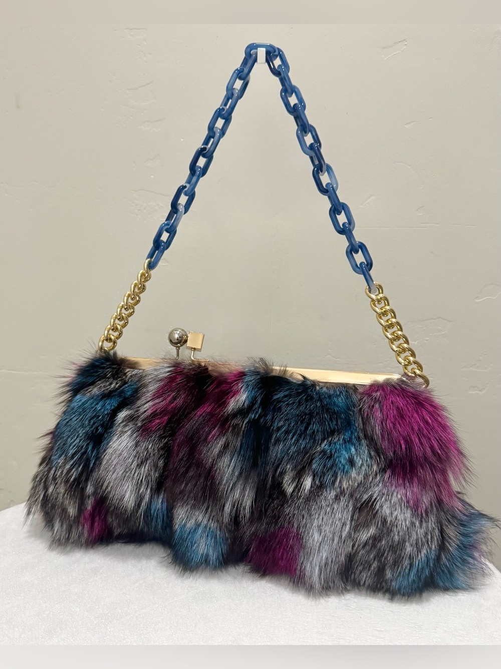 Colorful Real Fox Fur Handmade Kisslock Clutch & Gold & Silver Frame Bag